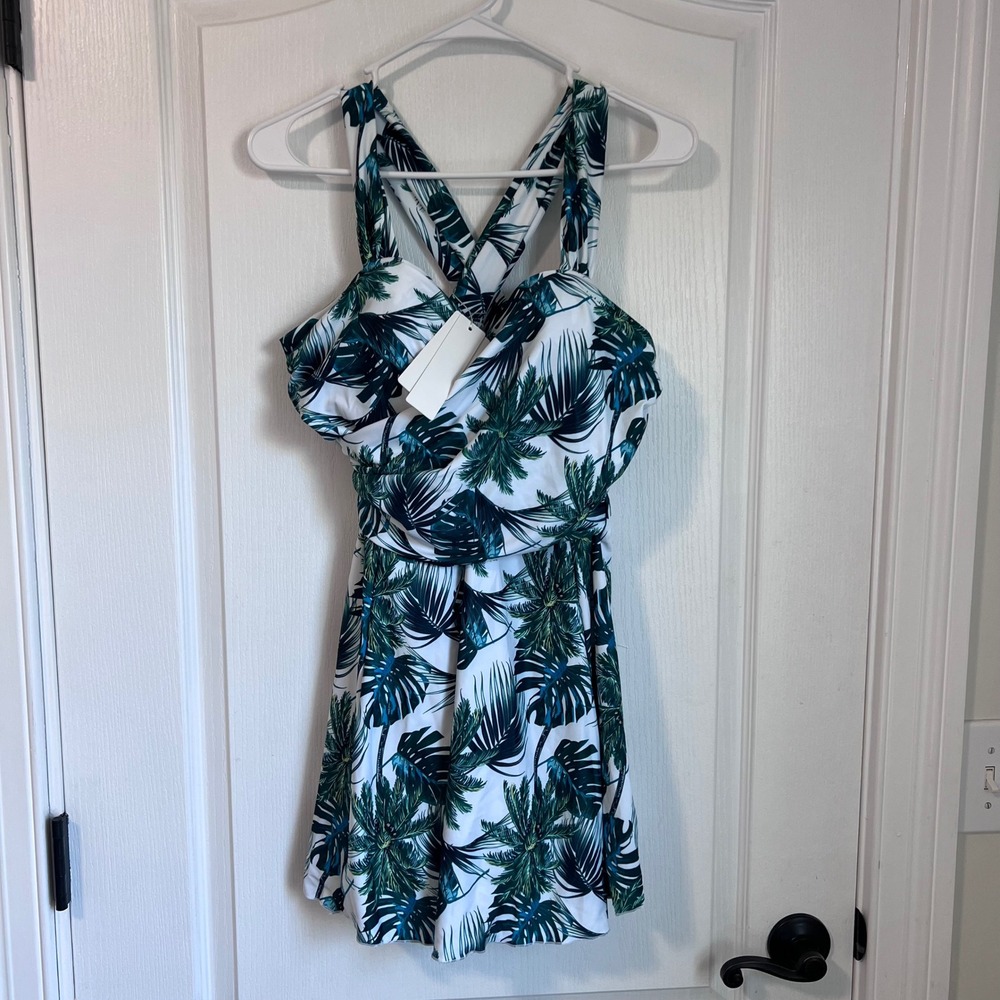 Cocopear‎ Womens Tropical Palm Leaf Print Swim Dress White Green Navy Large NEW